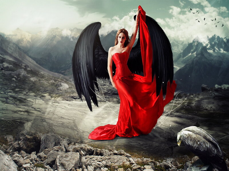 Woman with Black Wings — Red, Dramatic, Digital Art, Mountains