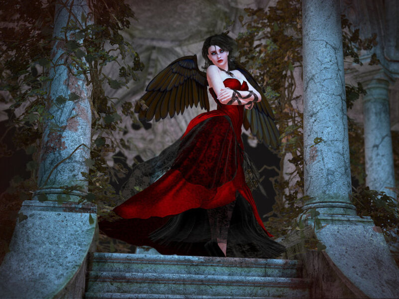 Woman with Black Wings — Red, Dramatic, Digital Art, Red Dress