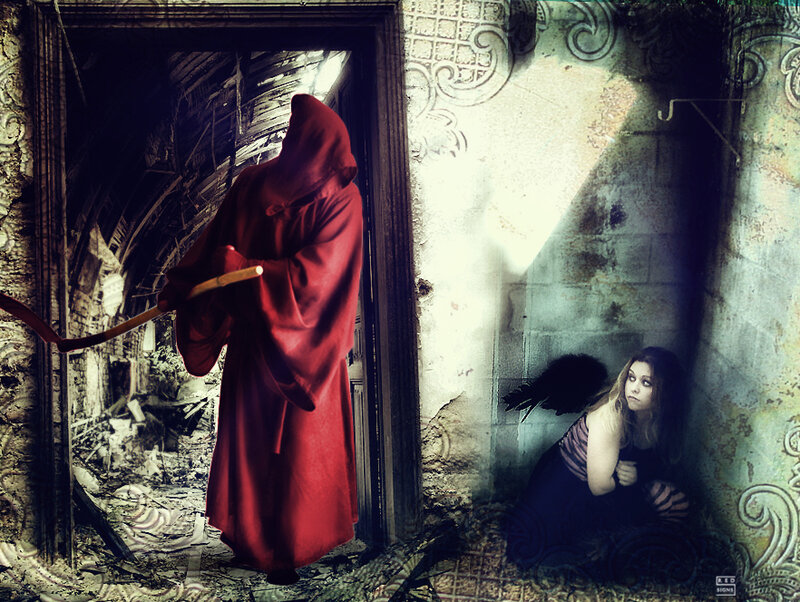 Woman with Black Wings — Red, Dramatic, Digital Art, Red-robed Figure