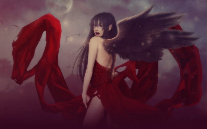 Woman with Black Wings — Red, Dramatic, Night, Digital Art, Dress