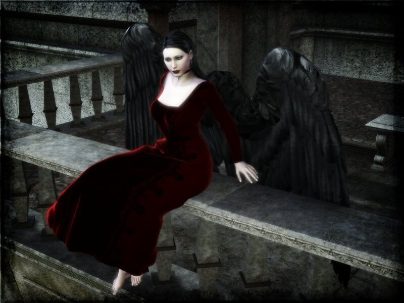 Woman with Black Wings — Red, Dramatic, Night, Digital Art, Red Dress
