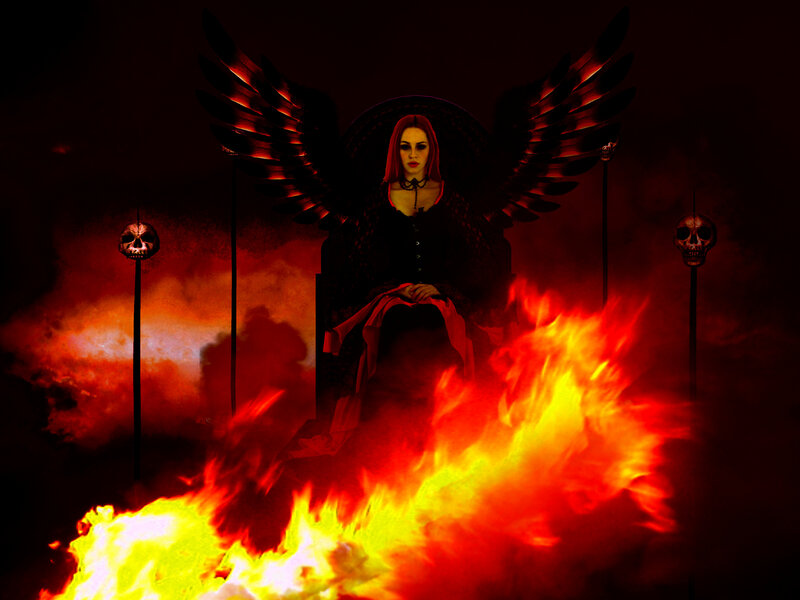 Woman with Black Wings — Red, Dramatic, Night, Digital Art, Skulls