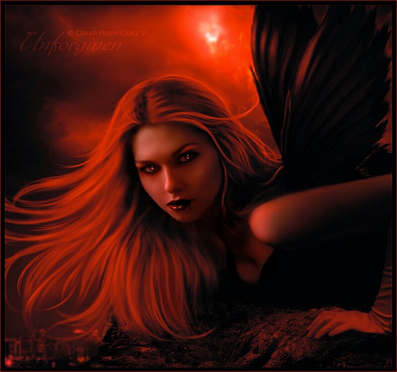 Woman with Black Wings — Red, Dramatic, Night, Digital Art