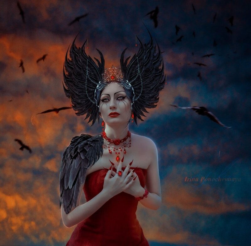 Woman with Black Wings — Red, Dramatic, Sunset, Digital Art