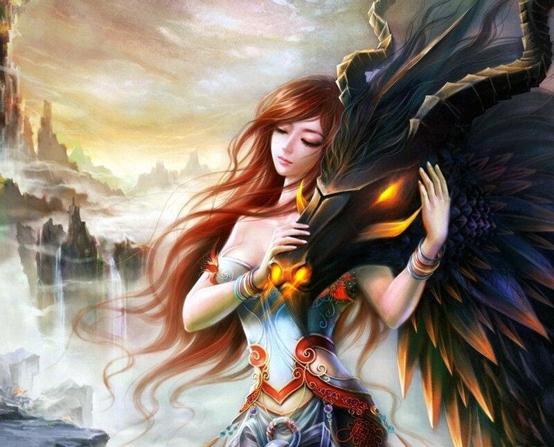 Woman with Black Wings — Red, Dramatic, Sunset