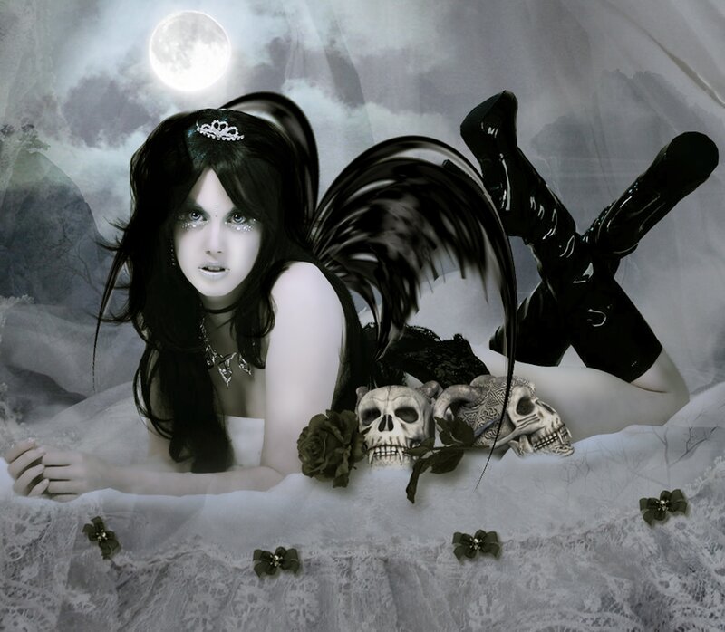 Woman with Black Wings — White, Dramatic, Night