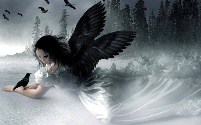 Woman with Black Wings — White, Dramatic, Winter