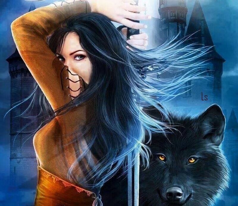 Woman with Black Wolf — Blue, Dramatic
