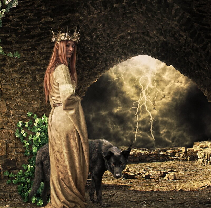 Woman with Black Wolf — Brown, Dramatic
