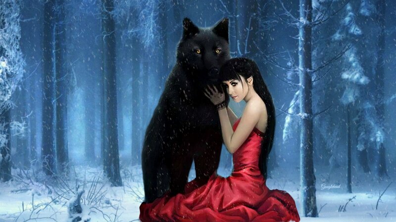 Woman with Black Wolf — Red