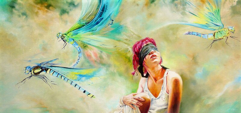 Woman with blindfold and dragonflies
