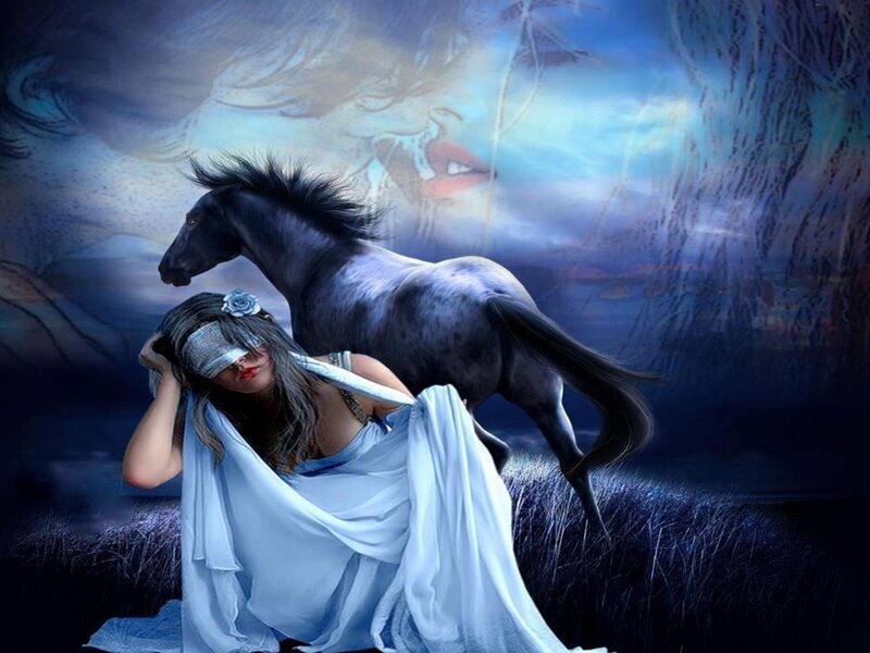 Woman with Blindfold and Horse — Blue