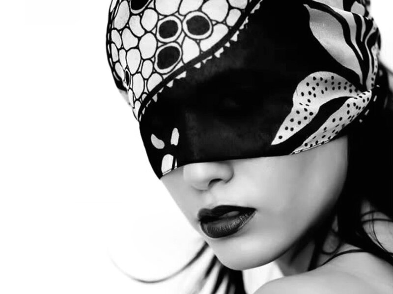 Woman with Blindfold — Black, Dramatic, Photograph, Dark Lipstick