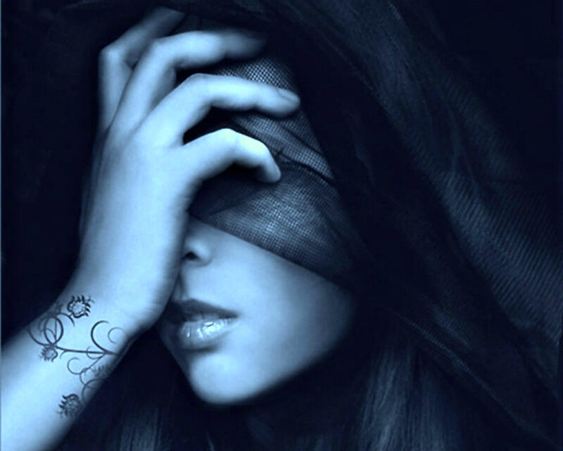 Woman with Blindfold — Blue, Dramatic, Photograph
