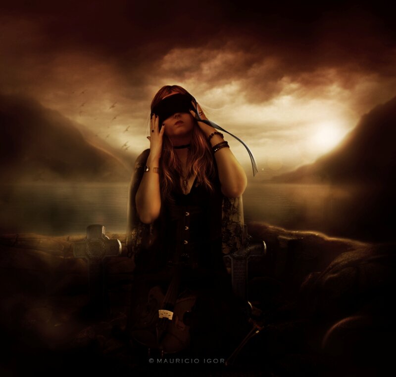 Woman with Blindfold — Brown, Dramatic, Sunset