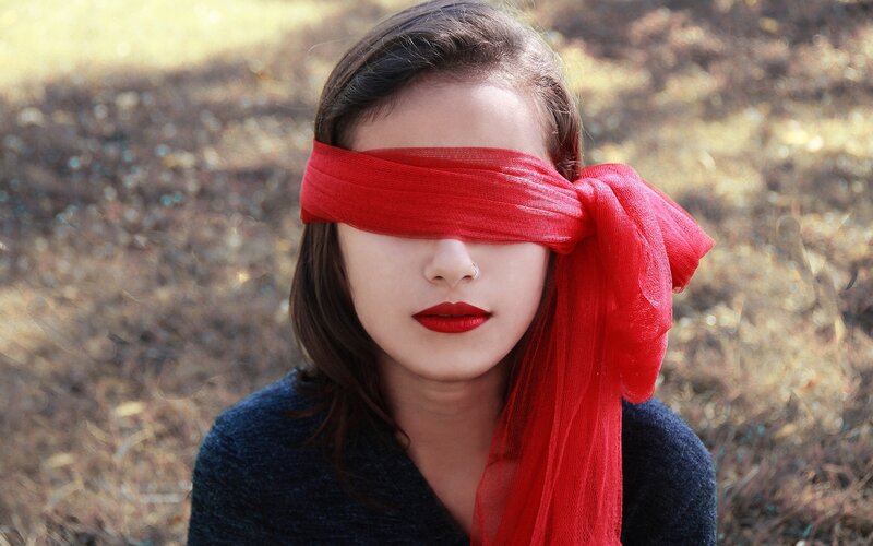 Woman with Blindfold — Red, Dramatic, Afternoon