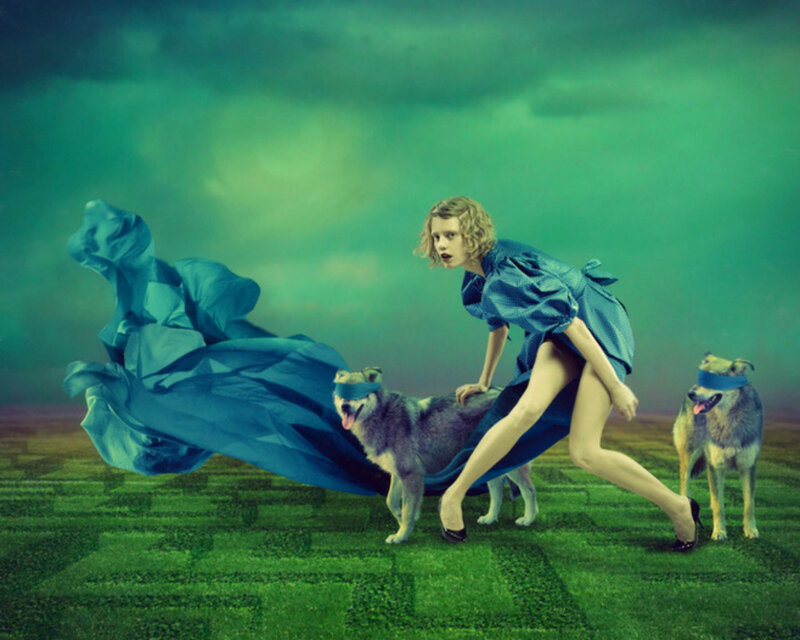 Woman with Blindfolded Dogs