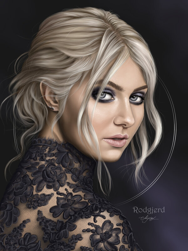 Woman with Blonde Hair — Black, Dramatic, Digital Art, Black Lace Dress