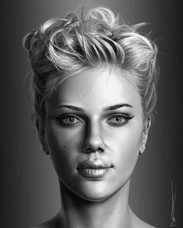 Woman with Blonde Hair — Black, Dramatic, Digital Art, Face, Neck
