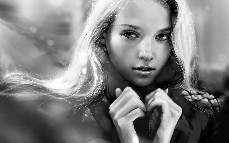 Woman with Blonde Hair — Black, Dramatic, Digital Art, Hands, Coat