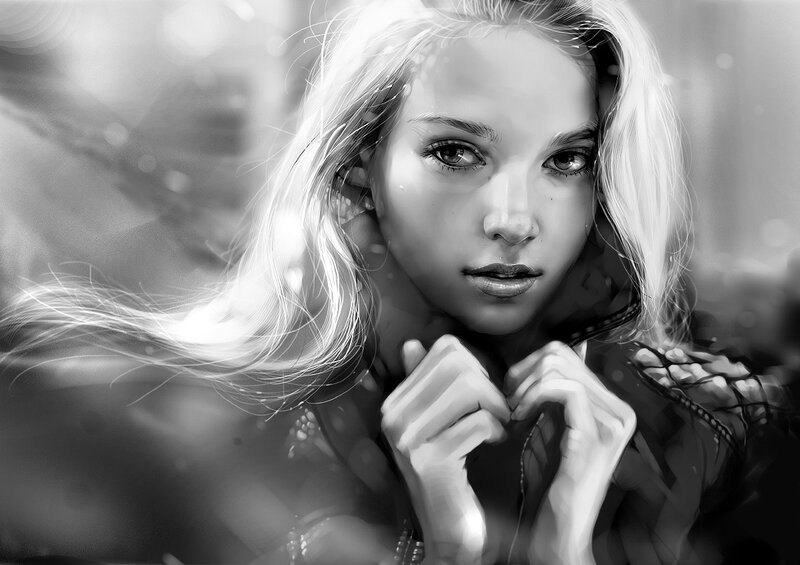 Woman with Blonde Hair — Black, Dramatic, Digital Art, Hands, Coat, White