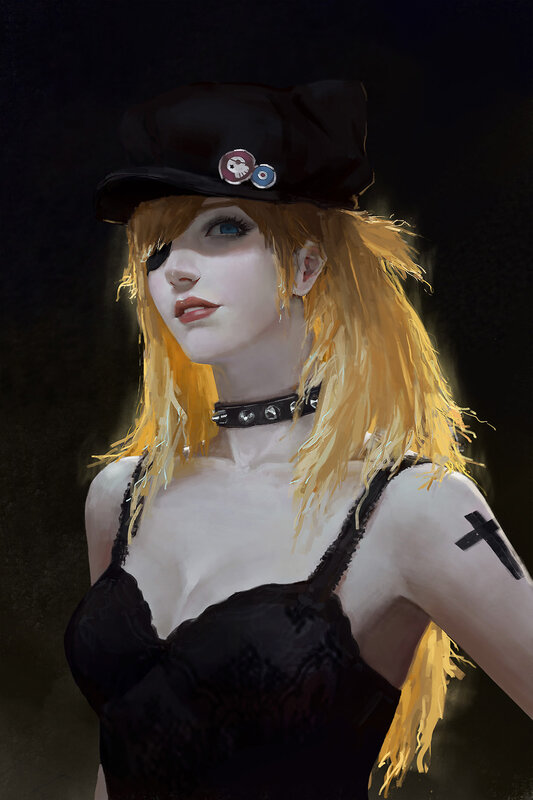 Woman with Blonde Hair — Black, Dramatic, Digital Art, Hat, Choker