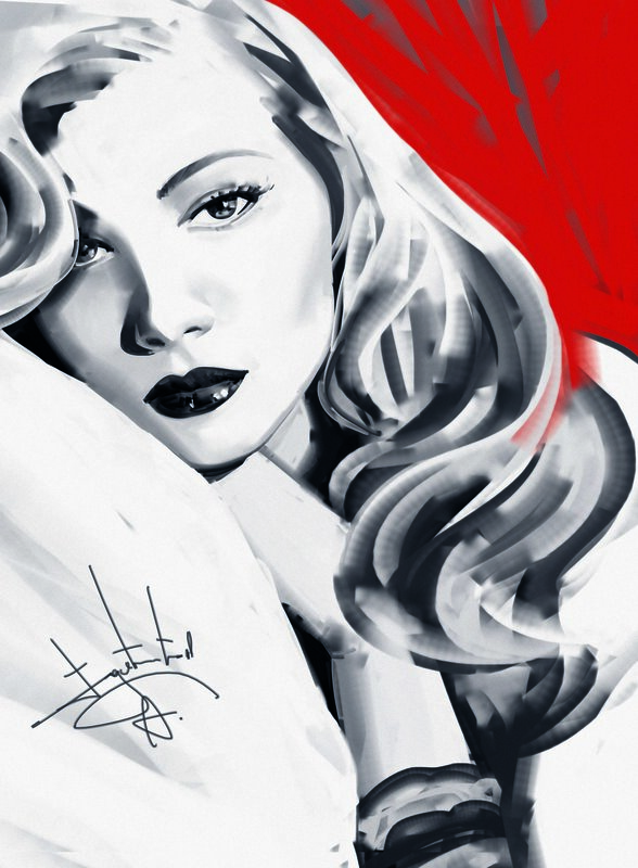 Woman with Blonde Hair — Black, Dramatic, Digital Art, Red Background