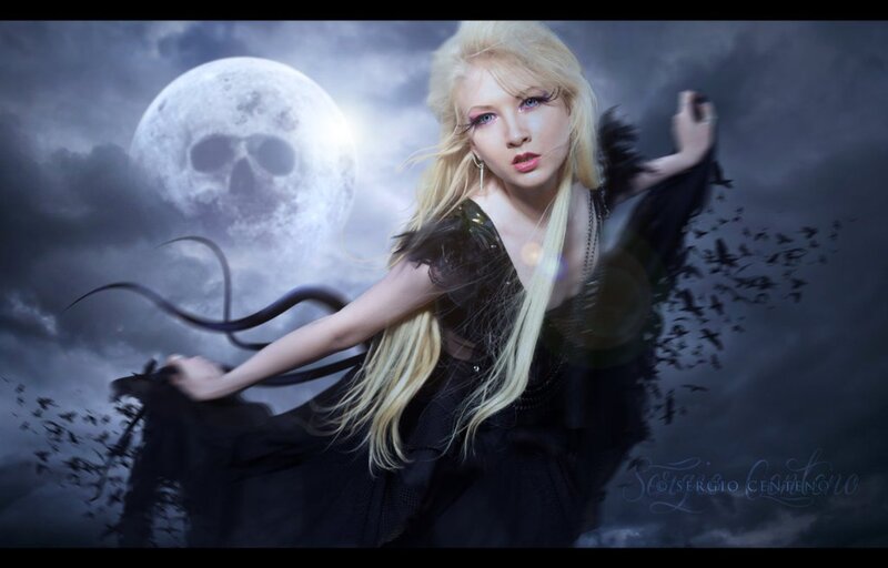 Woman with Blonde Hair — Black, Dramatic, Night, Digital Art, Moon