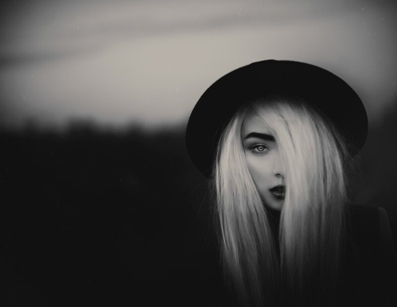 Woman with Blonde Hair — Black, Dramatic, Night, Photograph, Hat