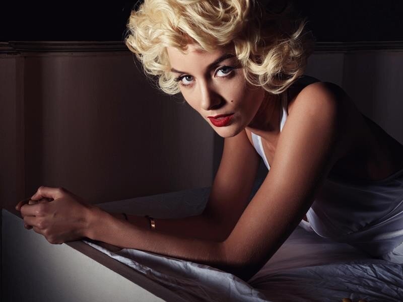 Woman with Blonde Hair — Black, Dramatic, Photograph, Bed, Red Lipstick