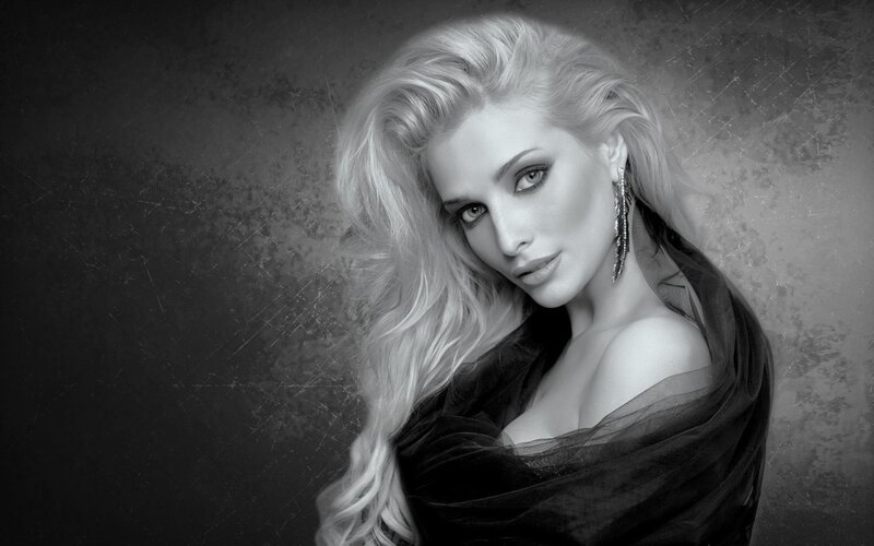 Woman with Blonde Hair — Black, Dramatic, Photograph, Earring, Scarf