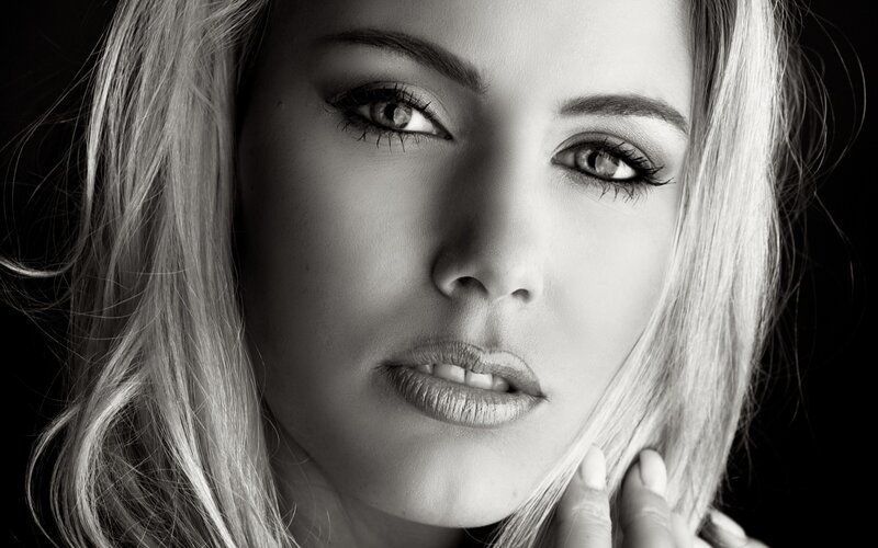 Woman with Blonde Hair — Black, Dramatic, Photograph, Eyes, Hand