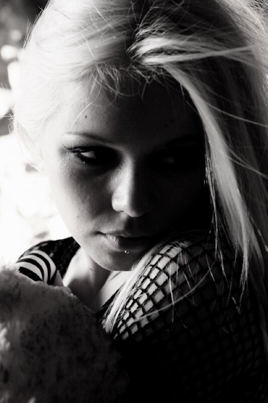 Woman with Blonde Hair — Black, Dramatic, Photograph, Fishnet Top, Striped Shirt