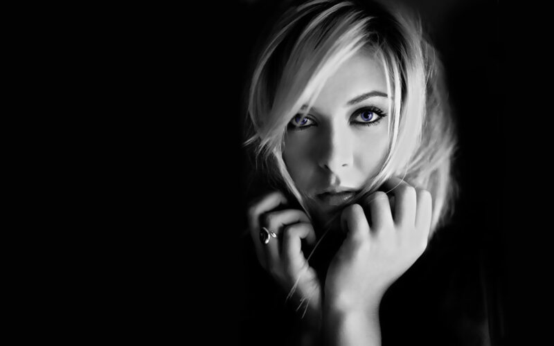 Woman with Blonde Hair — Black, Dramatic, Photograph, Hands, Eyes, White