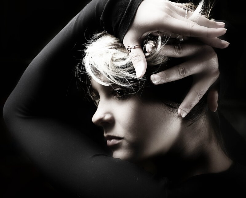 Woman with Blonde Hair — Black, Dramatic, Photograph, Hands, Ring