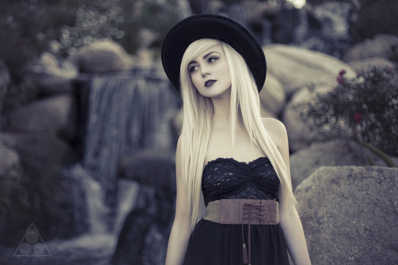 Woman with Blonde Hair — Black, Dramatic, Photograph, Hat, Dress