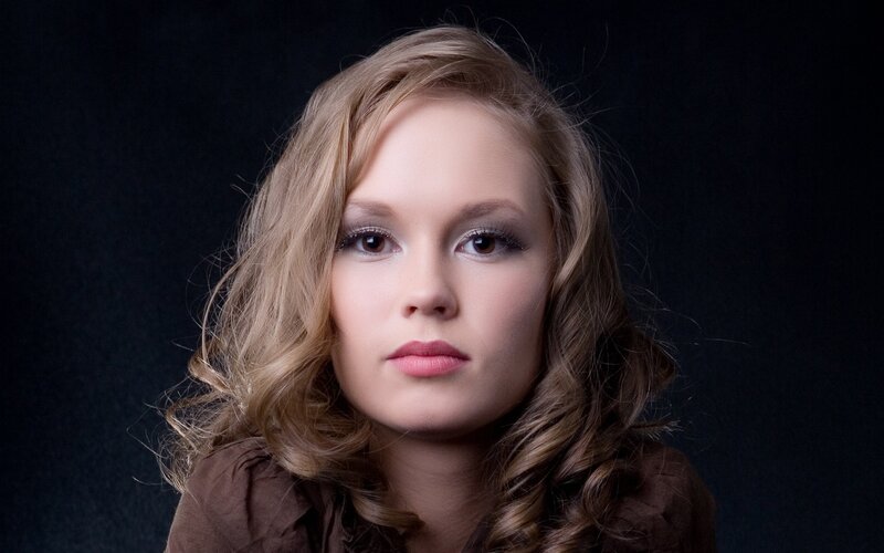 Woman with Blonde Hair — Black, Dramatic, Photograph, Makeup, Brown Shirt