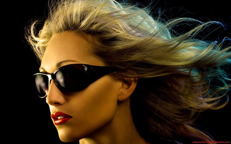 Woman with Blonde Hair — Black, Dramatic, Photograph, Sunglasses, Red Lipstick, Yellow