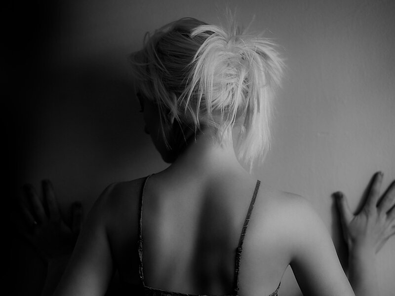 Woman with Blonde Hair — Black, Dramatic, Photograph, Wall, Back View