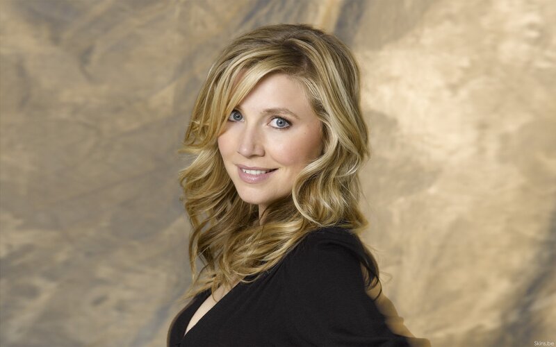 Woman with Blonde Hair — Black, Neutral, Photograph, Black Top, Blonde Hair, Blue Eyes, Beige