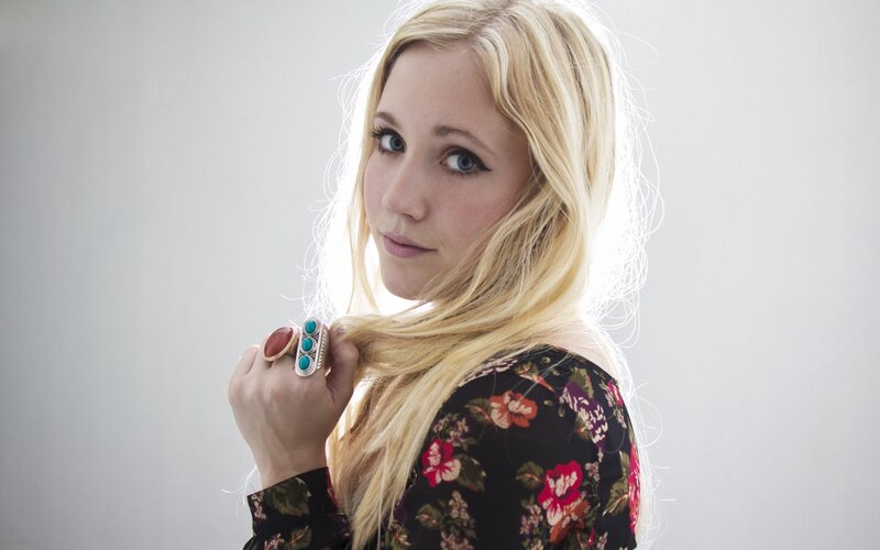 Woman with Blonde Hair — Black, Neutral, Photograph, Ring, Floral Shirt