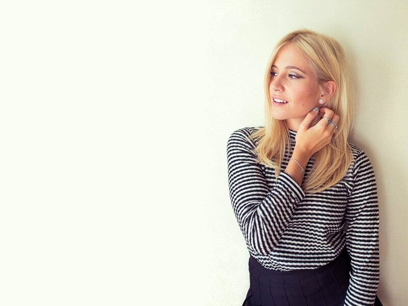 Woman with Blonde Hair — Black, Neutral, Photograph, Striped Shirt, Earring