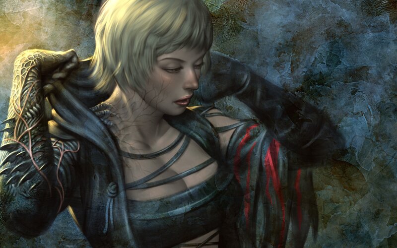 Woman with Blonde Hair — Blue, Dramatic, Digital Art, Blood