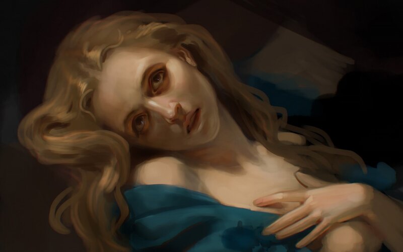 Woman with Blonde Hair — Blue, Dramatic, Digital Art, Blue Fabric