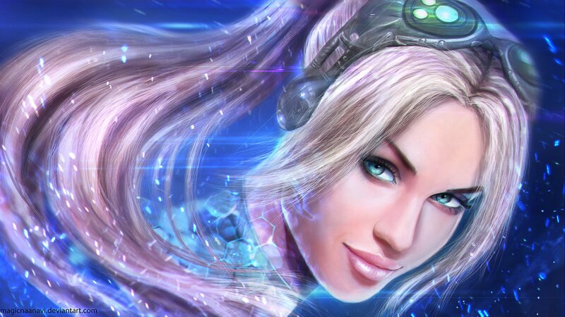 Woman with Blonde Hair — Blue, Dramatic, Digital Art, Goggles
