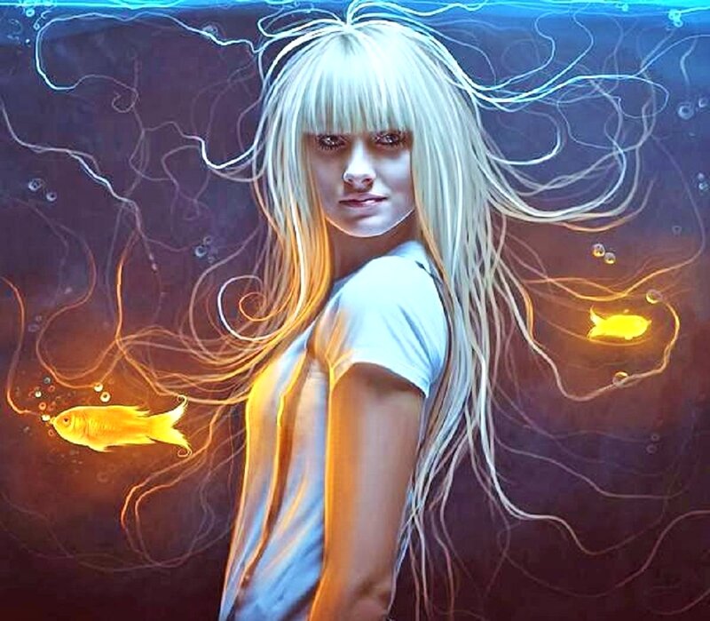 Woman with Blonde Hair — Blue, Dramatic, Digital Art, Goldfish