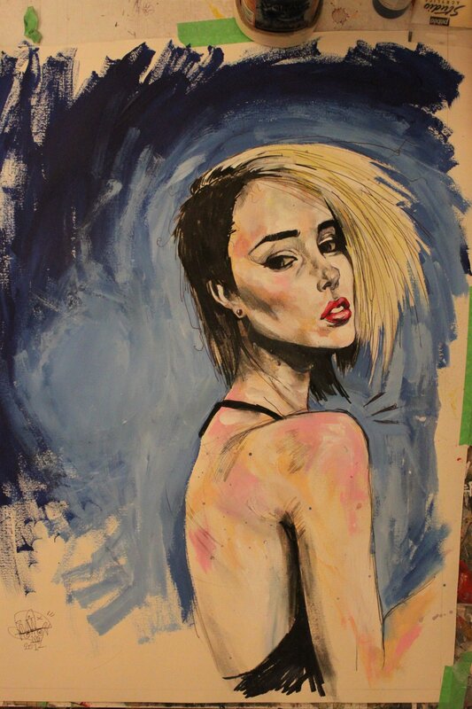Woman with Blonde Hair — Blue, Dramatic, Illustration, Painting