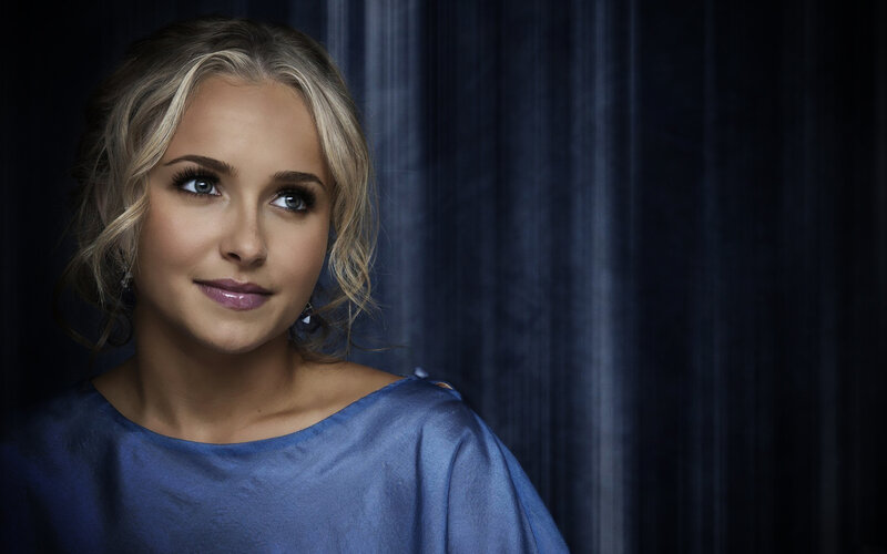 Woman with Blonde Hair — Blue, Dramatic, Photograph, Blue Dress, Curtains