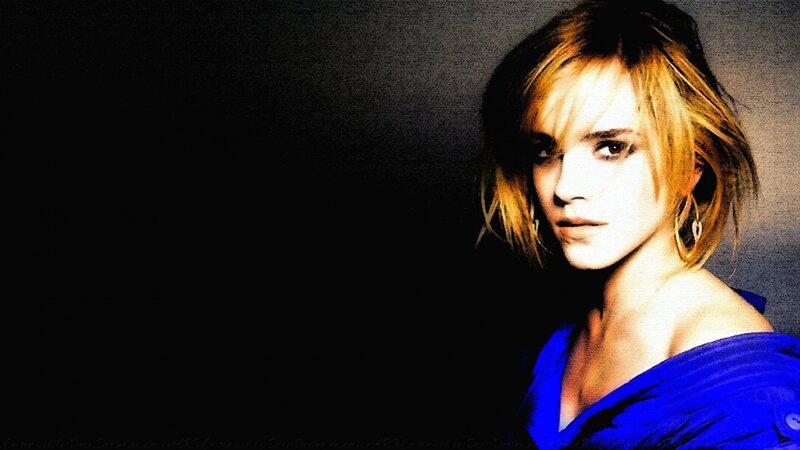 Woman with Blonde Hair — Blue, Dramatic, Photograph, Blue Top, Earrings, Dark Background