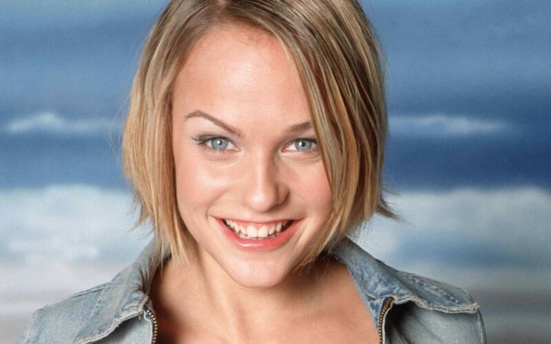 Woman with Blonde Hair — Blue, Neutral, Photograph, Denim Jacket, Blue Eyes, White